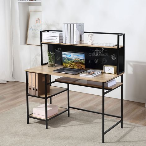 Bureau avec rangement bureau informatique avec 4 étagères, grand plateau et panneau pour salon chambre 120L x 53l x 126H cm, chêne noir noir
