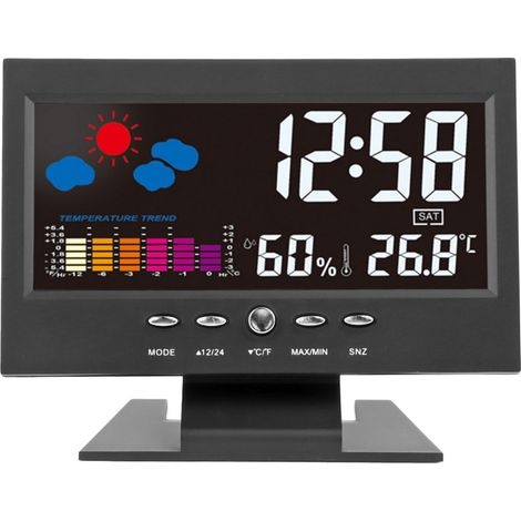 Réveil électronique noir à affichage couleur, détecteur d'humidité et de température, activation sonore, pour la chambre à coucher. (1/5)
