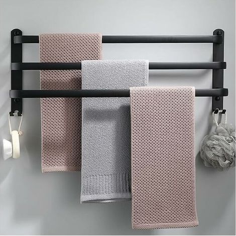 Porte-serviettes mural en aluminium 3 niveaux avec crochets 60 cm porte-serviettes noir étanche pour salle de bain cuisine salle de bain- (1/4)