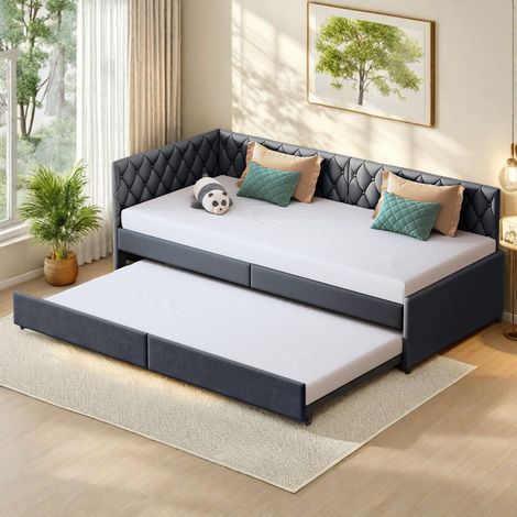 Lit gigogne velours gris 205 x 96.5 x 70 cm - Canapé-lit extensible avec dossier et accoudoirs - Sommier à lattes - Pour adolescents et invités (1/5)