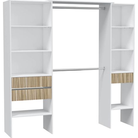 Pegane – Armoire dressing 3 tiroirs blanc artic – Dimensions 190x187x40 cm – Mélamine – Glissières métal – Poids supporté 8 kg par étagère (1/5)