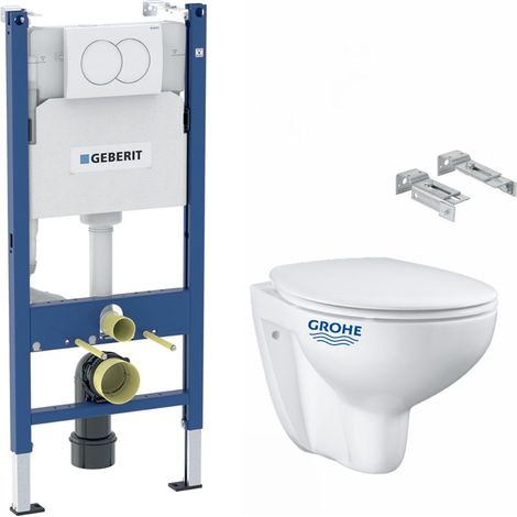 Pack bastidor Geberit Duofix + Inodoro Grohe Bau Ceramic + Asiento Softclose + Placa blanca (BauGeb3)
