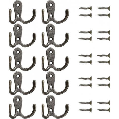 Lot de 10 patères doubles pour porte ou mur, style vintage, en métal, pour suspendre vêtements, manteaux, serviettes, chapeaux et clés.