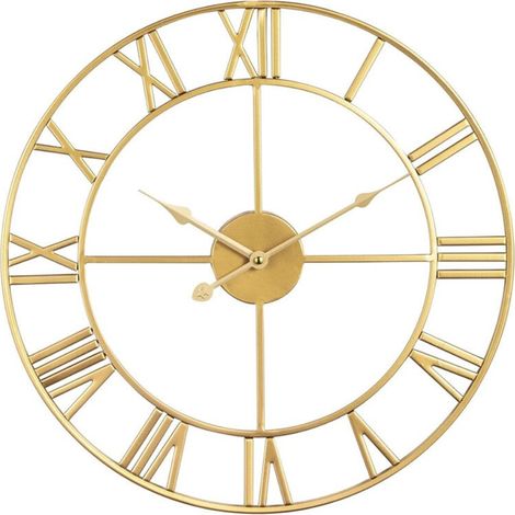 Horloge Murale Silencieuse, Chiffres Romains Modernes Grandes Horloge Murale, silencieuse en métal Rond sans tic-tac pour Salon, Cuisine, Chambres - Or 40cm (1/5)