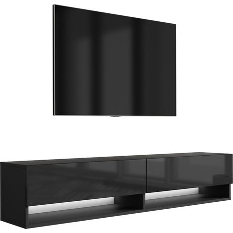 Meuble TV : Noir Mat / Noir Brillant, LED blanche, 170 × 32 × 34 cm (1/5)
