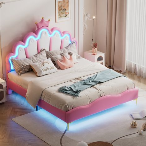 Lit 140x200 princesse LED tête couronne PU rose HAVRYA (1/5)