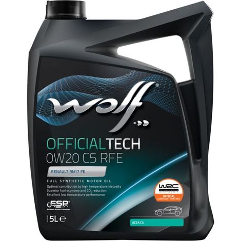 WOLF - Huile moteur OFFICIALTECH 0W20 C5 RFE - Bidon de 5 litres - 1042489 - Ce produit de marque WOLF est neuf.