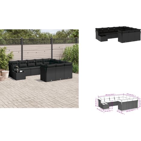 11-tlg. Garten-Sofagarnitur mit Kissen Schwarz Poly Rattan - Gartenmöbel - Esstischgarnituren - Outdoor Möbel - Lounge Set - Rattan Sofa