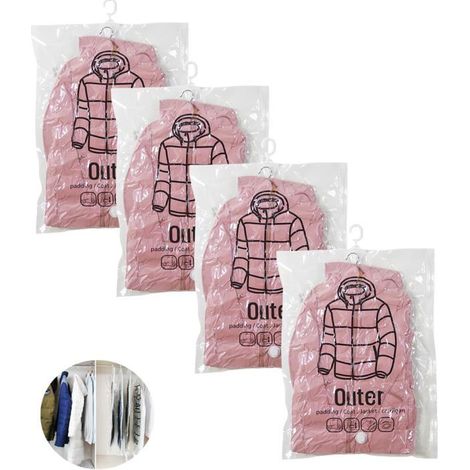 4 sacs de rangement sous vide à suspendre, 67 x 90 cm, pour costumes manteaux vestes, économiseur d'espace pour placard