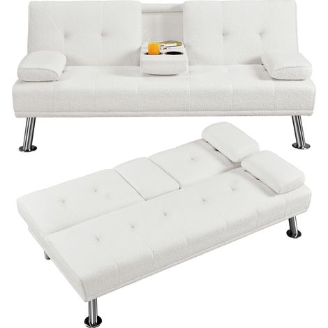 Yaheetech Divano Letto con 2 Braccioli Staccabili Divano Trasformabile Mobile Imbottito a 3 Posti Divanetto Reclinabile da Salotto con Supporto Centrale Porta Bicchieri Avorio/Tessuto (1/5)
