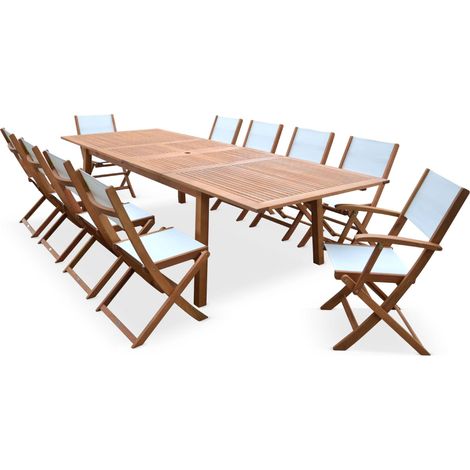 sweeek - Ausziehbarer Gartentisch aus Holz, 10 Stühle Holzfarben / Weiß