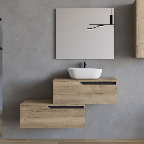 Meuble de salle de bain 120cm avec vasque à poser arrondie - 2 tiroirs - madera miel (chêne clair) - CADIX (1/5)