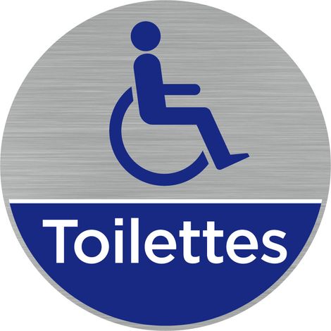 Pictogramme toilettes handicapés (Q0462).- Adhésif aspect aluminium brossé - Diamètre 76 mm
