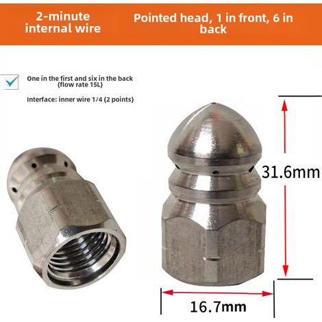 Buse de nettoyage de canalisations d'égout à six buses en acier inoxydable avec raccord rapide 1/4, à l'avant et à l'arrière, 5000 psi (pointue à l'avant, 1 à l'arrière, 6 fils intérieurs, filetage 1/ (1/5)