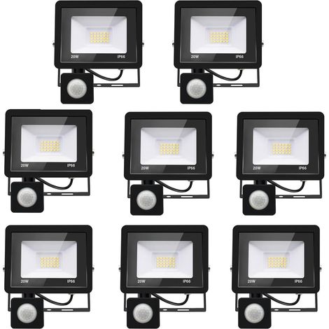 8PACK - 20W Projecteur LED détecteur de mouvement,Blanc Froid (6000K) 2000LM Projecteur LED Exterieur Avec Detecteur Imperméable IP66 Projecteur LED exterieur de sécurité pour, garage, couloir