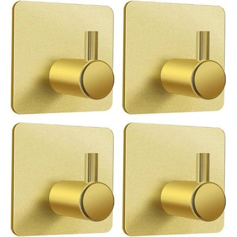 Set of 4 gold adhesive hooks for bathroom or kitchen doors, sturdy for hanging towels.