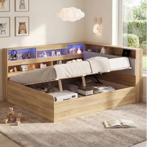 Lit banquette 140/200 cm naturel en MDF avec rangement hydraulique et prises intégrées (1/5)