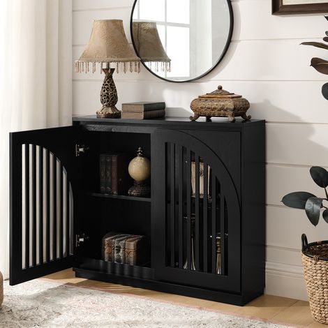 Buffet noir à portes rainurées avec 2 passe-câbles, meuble de rangement en bois et MDF (1/5)