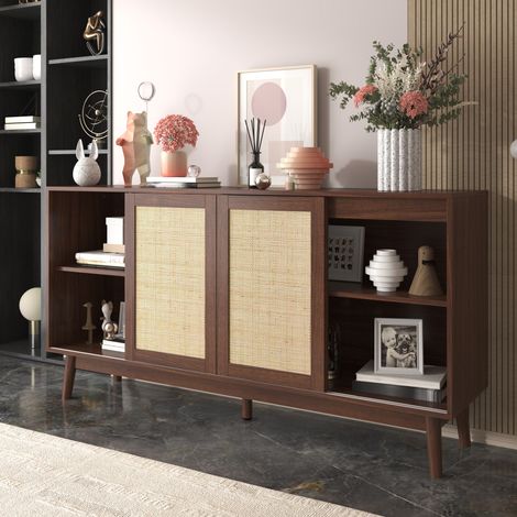 Meuble TV en rotin naturel, buffet 3 panneaux coulissants avec 2 tiroirs, 155x38x80 cm, aération, robuste et modulable (1/5)