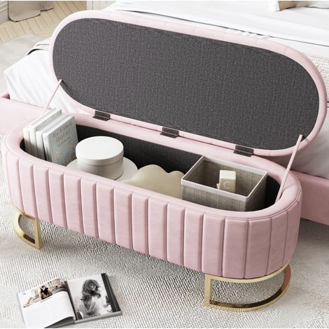 Banco arcón 120x39,9x43 cm rosa con almacenaje, terciopelo y patas de metal MEUBLIV (1/5)