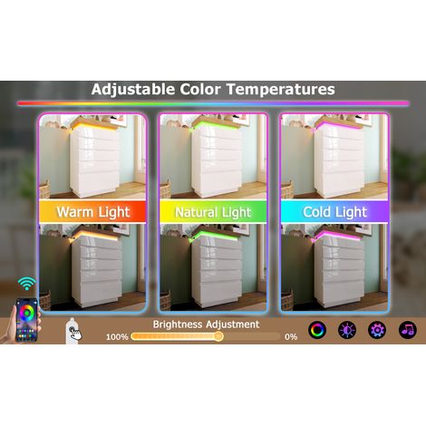 Commode blanche en panneaux MDF et aggloméré avec 6 tiroirs et éclairage LED contrôlé par application pour salon et chambre (1/5)