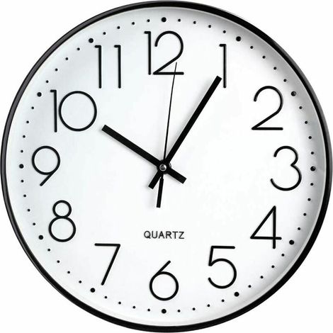 Reloj de pared, reloj decorativo de cuarzo silencioso de 12 pulgadas, reloj redondo moderno con números grandes (negro) (1/5)