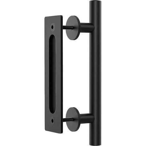 Poignee Porte, 30cm/11“ Rétro Poignée de Porte Coulissante Noir en Acier Inoxydable Tirer et Rincer la Sets de poignées pour Porte Coulissante en Bois (1/5)