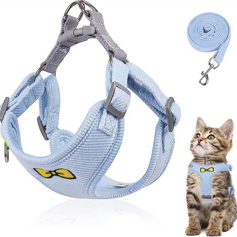 Ensemble laisse pour chat, harnais réglable en polyester avec laisse, harnais anti-fugue pour chatons et chiens (Bleu-S) (1/4)