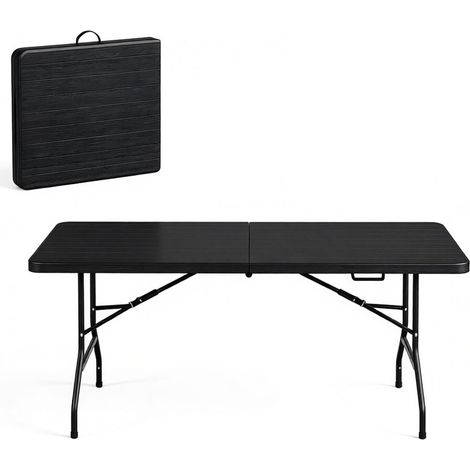 Table pliante extérieure en HDPE avec effet bois, 180x74 cm, capacité 120 kg, noir (1/5)