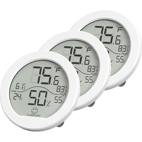 Termómetro higrómetro digital para interiores con pantalla LCD (blanco/paquete de 3), sensor de medición de temperatura y humedad, ideal para el hogar, la habitación del bebé, la sala de estar, el sót (1/5)