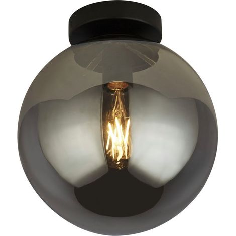 Plafonnier métal verre fumé E27 Ø 25 cm noir gris fumé abat-jour sphérique rond design rétro