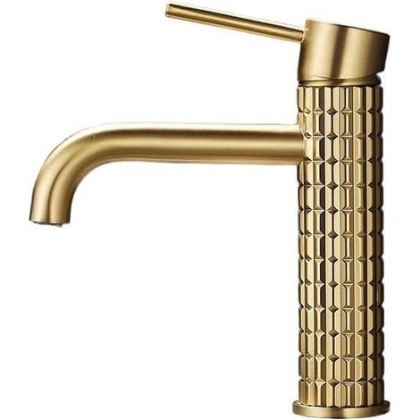 Grifo de lavabo, grifo de baño, grifo monomando para lavabo, latón, grifo de agua fría y caliente – dorado (perfil bajo) (1/5)