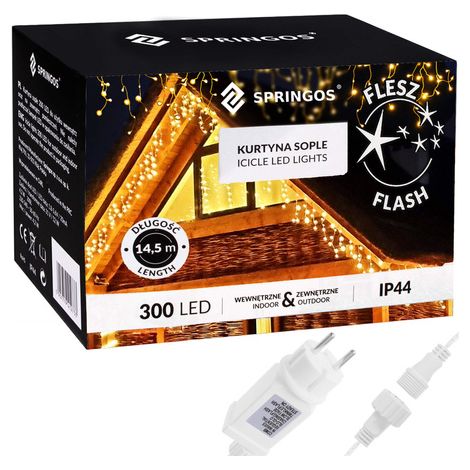 Cortina de luces LED 300 blanco cálido, guirnalda de flash blanco frío, luces interiores y exteriores en forma de copos de nieve. (1/5)