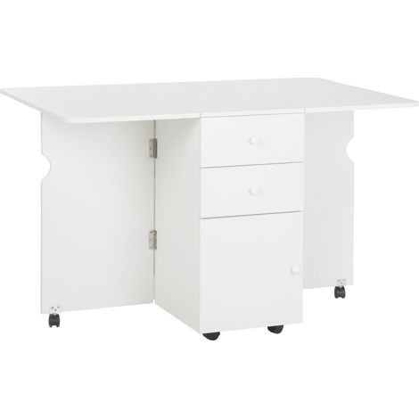 Tavolo da Cucina a Ribalta con 2 Cassetti e Armadietto ad Ante, in Truciolato, 120x80x75 cm, Bianco