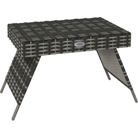 Outsunny Foldable Outdoor Side Table, Rattan Garden Coffee Table with Steel Frame, Space Saving Bistro Garden Furniture for Patio, Balcony, 60 x 41 x 41 cm, Mixed Grey