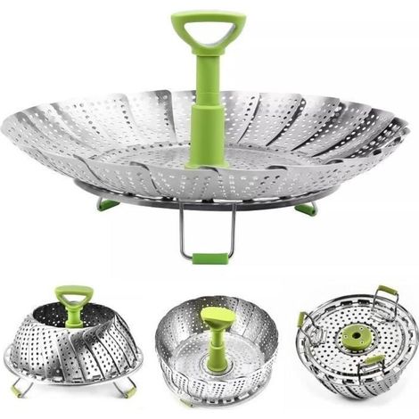 Foldable Steamer Basket, Telescopic Folding Stainless Steel Steamer Basket, with Extendable Heat-Resistant Handle and Feet (1/4)