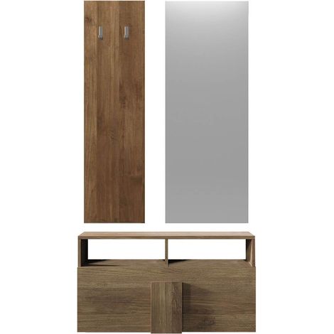 ZEUS - Meuble à chaussures + miroir + portemanteau muraux aspect bois finition mercure (1/4)