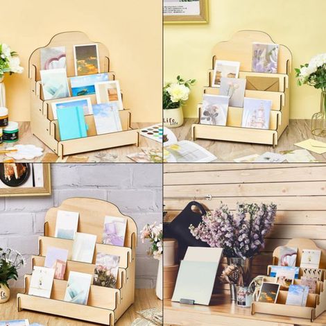 Présentoir en bois 4 étages, pour cartes de vœux, bijoux, cartes postales et autocollants, support de rangement et de présentation multifonction