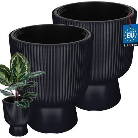 KOTARBAU® Lot de 2 Pot de Fleur - Pot Plastique Plante Ø 29 cm - avec Bac Intérieur -  Pot de Jardin - Pot de Fleur Exterieur -  H : 36 cm - PVC - Anthracite - Nervuré (1/4)