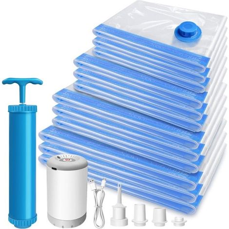 Vakuum-Kompressionssäcke - DAYPLUS - Set mit 12 Säcken - 2-in-1 Lithium-Pumpe - Reduziert Volumen um 80% - Staubdicht
