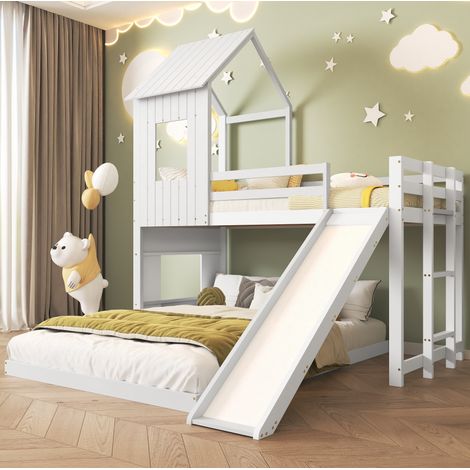 Letto a castello 90/200 e 140/200 cm bianco con scivolo, casetta e scala (1/5)