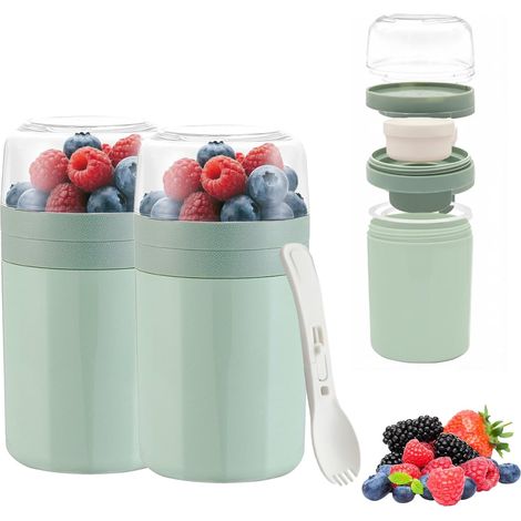 Lot de 2 gobelets à céréales à emporter, 770 ml, avec couvercle et cuillère, pour le petit-déjeuner en déplacement, sans BPA (1/5)