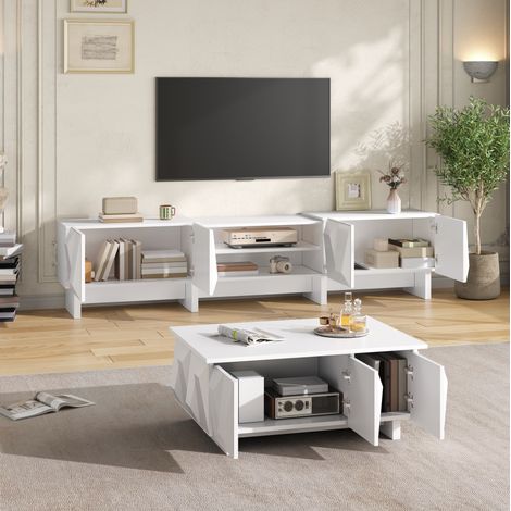 Conjunto mueble TV y mesa de centro 180x34x44,5 cm blanco con almacenaje - CHICFURN (1/5)