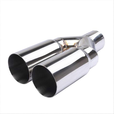 Silencieux d'échappement double cylindre en acier inoxydable avec orifice d'admission universel de 63 mm et orifice d'échappement de 76 mm, adapté aux systèmes d'échappement automobiles. (1/5)
