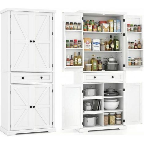 Armoire de cuisine blanche en bois d'ingénierie avec 4 portes, tiroir et étagères réglables pour cuisine, salle à manger et salon (1/5)