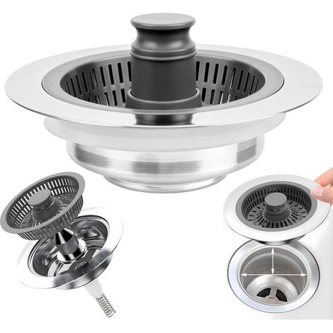 3 en 1 Filtre Evier Cuisine, Crépine Bouchon Evier Cuisine en Acier Inoxydable, Filtre Lavabo, Passoire Eviers, Grille Bouchon évier Cuisines pour diamètre 71-85 mm, Profondeur 40 mm (1/5)