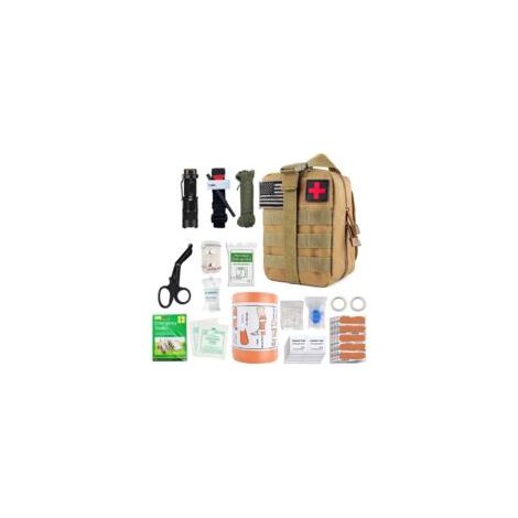 Trousse de secours complète militaire tactique Assemblée En UE normes CE+petite trousse+bandoulière+tire tique+bracelet survie-Conçue pour la randonnée,voyage,airsoft(brun)--