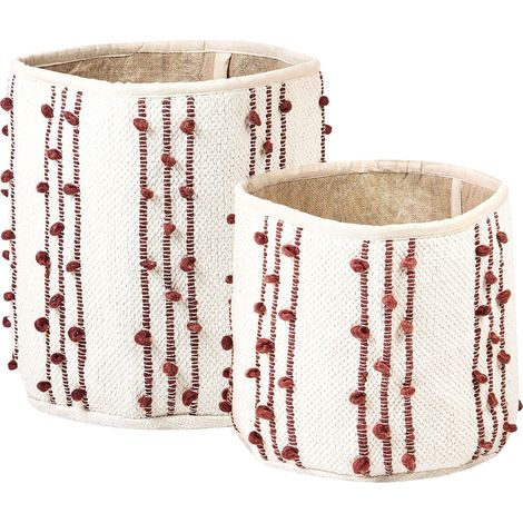 Lot de 2 Paniers de Rangement pour Linge Boho en Coton Beige et Rouge Khel