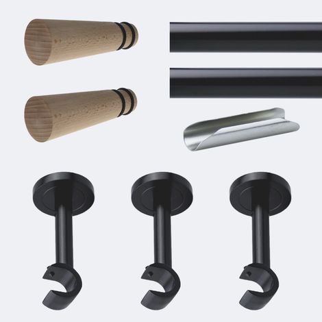 Kit de tringle à rideaux Noir Mat 300cm Diam.20mm Embout Cône Bois - Fixation Mur - Boulet (1/3)