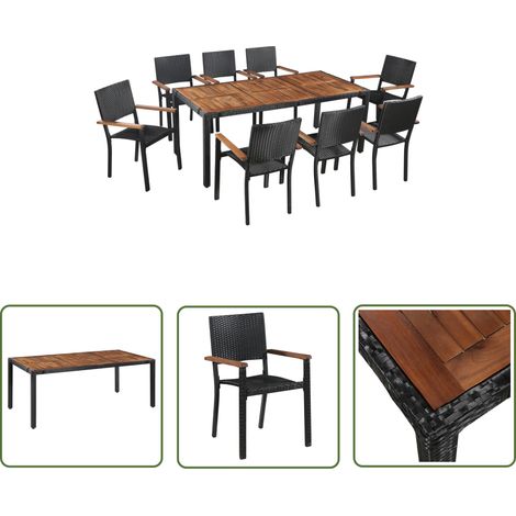 The Living Store 9-tlg. Garten-Essgruppe Poly Rattan Akazie Massivholz Schwarz - Gartenmöbel - Essgruppe - Outdoor-Möbel - Rattanmöbel - Holztisch (1/5)